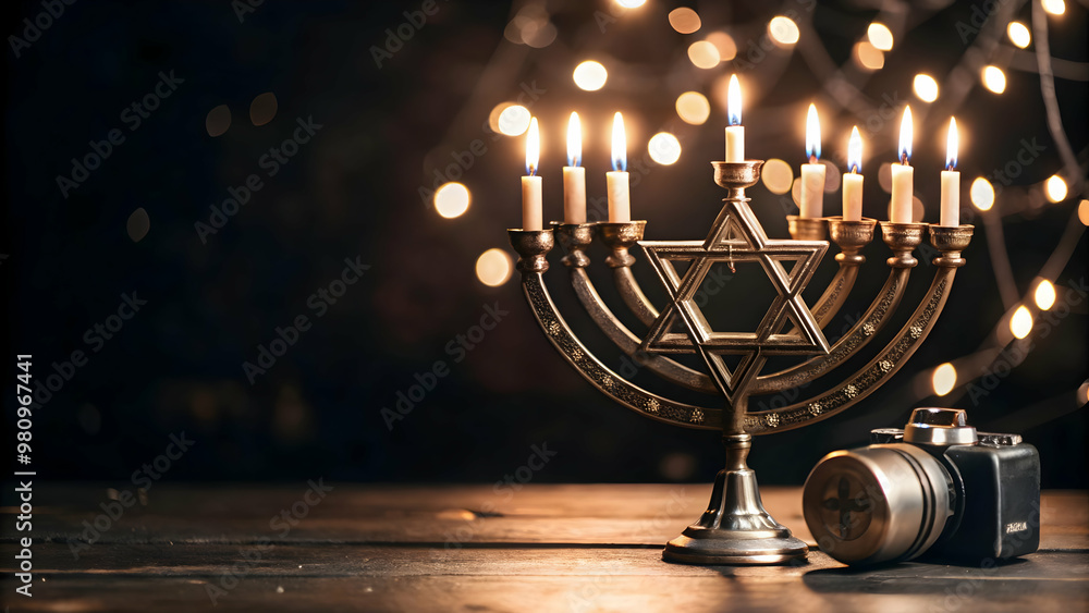 Holographic Star of David and Menorah on Glossy Background for Hanukkah - Ideal for Ecommerce Banners with Ample Copy Space Holographic Star of David and Menorah on Glossy Background for Hanukkah - Ideal for Ecommerce Banners with Ample Copy Space