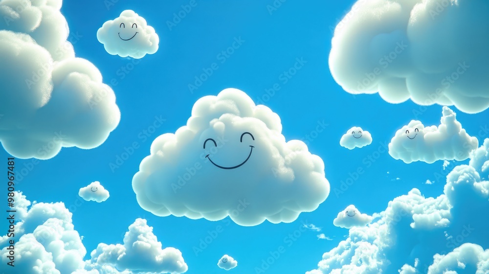 Charming cartoon clouds with smiling faces drift through a vibrant blue sky, creating a cheerful and whimsical atmosphere. Charming cartoon clouds with smiling faces drift through a vibrant blue sky, creating a cheerful and whimsical atmosphere.