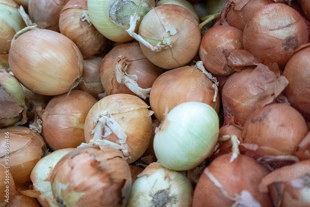 A close-up image of fresh onions piled together, showcasing their natural texture and earthy tones. Ideal for use in food-related projects, culinary content, or agricultural promotions. A close-up image of fresh onions piled together, showcasing their natural texture and earthy tones. Ideal for use in food-related projects, culinary content, or agricultural promotions.