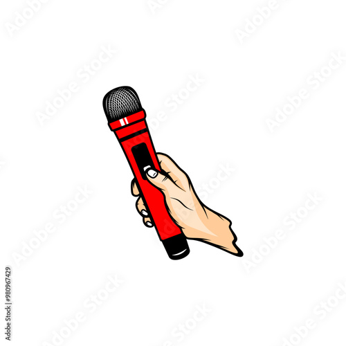 right hand holds a red microphone vector illustration