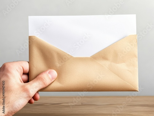 Close-up of a hand sealing an envelope with a mail-in ballot, mail-in voting, voting from home photo