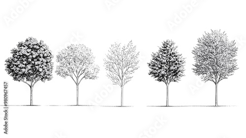 Architectural Drawings, Minimal style cad tree line drawing, Side view, set of graphics trees elements outline symbol for landscape design drawing. Vector illustration