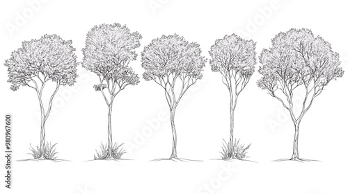Architectural Drawings, Minimal style cad tree line drawing, Side view, set of graphics trees elements outline symbol for landscape design drawing. Vector illustration