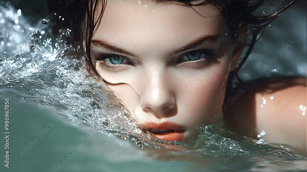 Obraz premium portrait beautiful girl swimming at scenic waterfall wallpaper