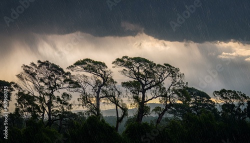 Dramatic storm clouds and heavy rain sweep over a forest landscape, silhouetting tall trees against the dark, moody sky. photo