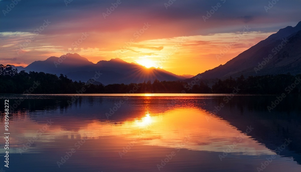 A stunning sunset reflects on a calm lake, with silhouetted mountains and trees in the background, creating a peaceful scene. A stunning sunset reflects on a calm lake, with silhouetted mountains and trees in the background, creating a peaceful scene.