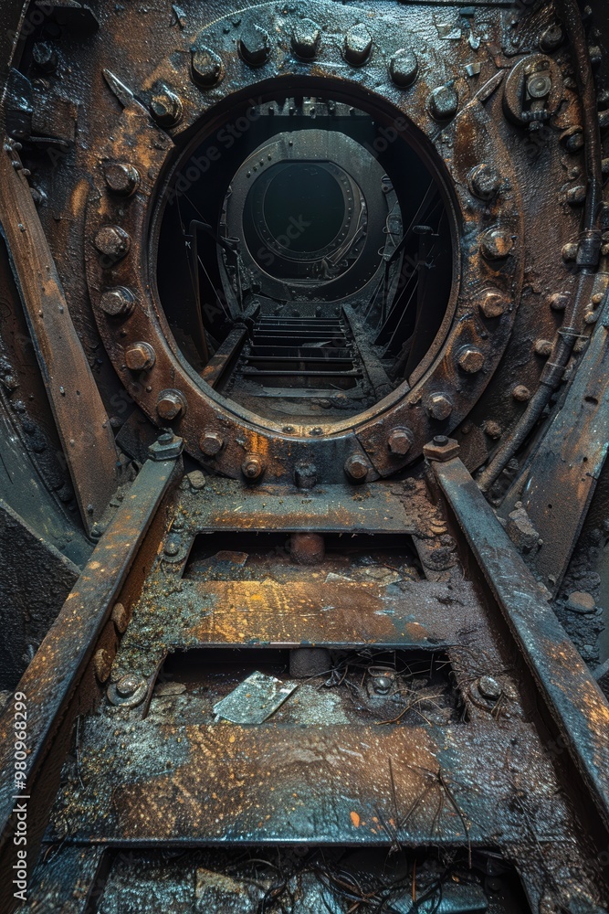 The image captures a detailed view of the interior of an old, decrepit industrial piping system, leading into multiple rusty, circular openings, showcasing layers of corrosion and decay The image captures a detailed view of the interior of an old, decrepit industrial piping system, leading into multiple rusty, circular openings, showcasing layers of corrosion and decay