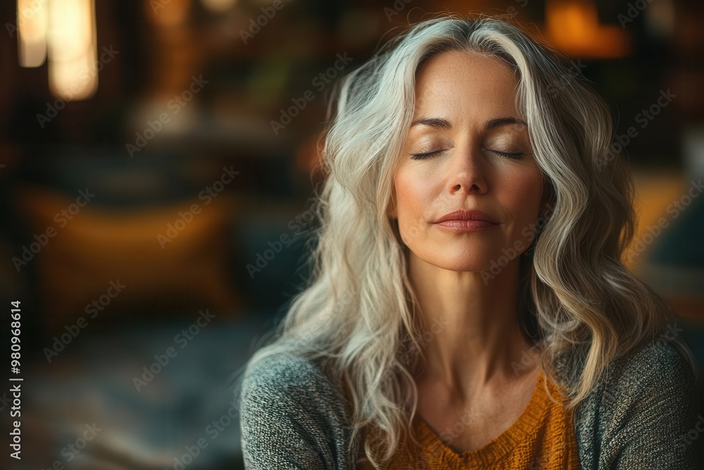 serene middleaged woman in lotus position eyes closed in deep meditation bathed in soft natural light minimalist living room with zen elements serene middleaged woman in lotus position eyes closed in deep meditation bathed in soft natural light minimalist living room with zen elements