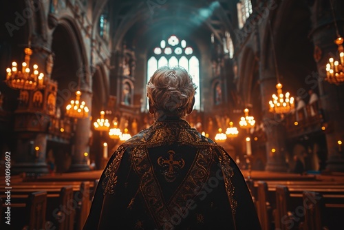 A person adorned in ornate attire stands reverently in the center of a grand, dimly-lit church, with vibrant chandeliers illuminating the vast historical interior photo