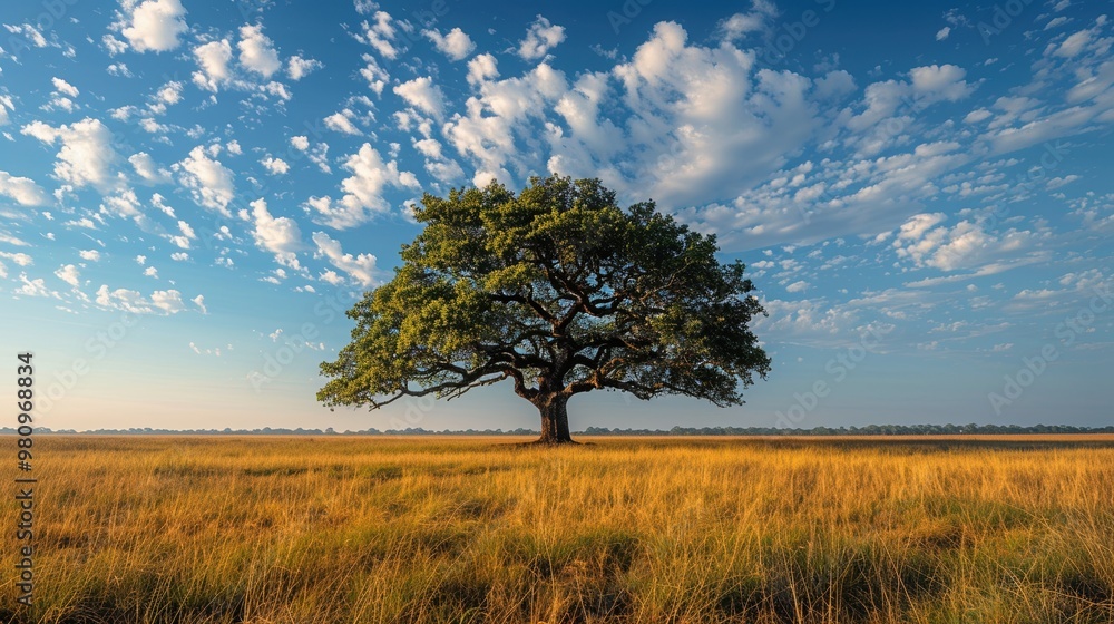 A serene and expansive landscape showcasing a solitary tree standing tall amidst a vast grassland under a beautifully patterned cloudy sky A serene and expansive landscape showcasing a solitary tree standing tall amidst a vast grassland under a beautifully patterned cloudy sky