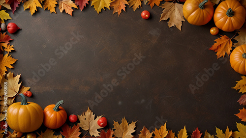 A rectangular border of scattered fall leaves, small pumpkins, and acorns around the edges, leaving a large open space in the center for a photo or message. 