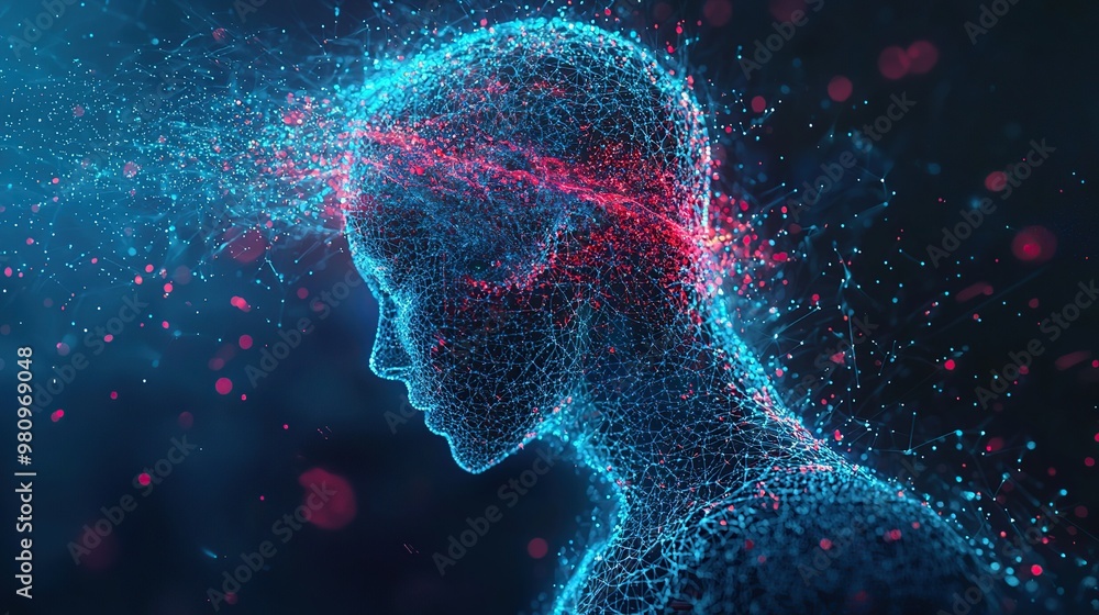Abstract digital portrait of a human head made of glowing particles and lines. Abstract digital portrait of a human head made of glowing particles and lines.