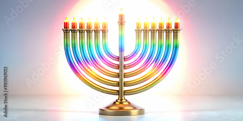 Vibrant 3D Glowing Menorah with Abstract Rainbow Light Streaks - Festive Digital Art for Hanukkah Banners & Holiday Ads
