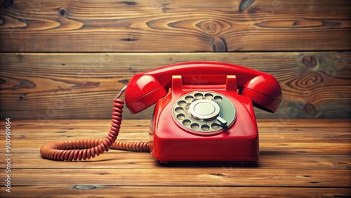 Vintage red rotary dial telephone on a wooden desk, retro, vintage, communication, antique, telecommunication photo