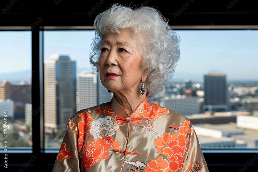Elderly woman with curly white hair and red lipstick wearing a ...