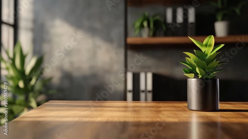 Close-up of a potted plant on a wooden table with a blurred background of shelves and plants. Modern, minimalist workspace or home office decor. photo