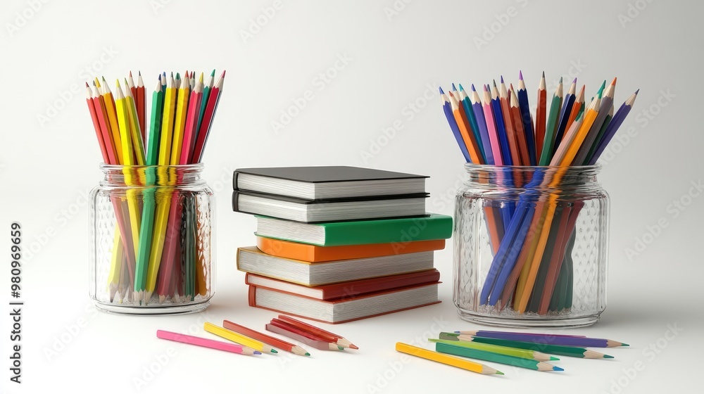 Stacked books, pencil jars, colored pencils in 3D isolated on white background Stacked books, pencil jars, colored pencils in 3D isolated on white background