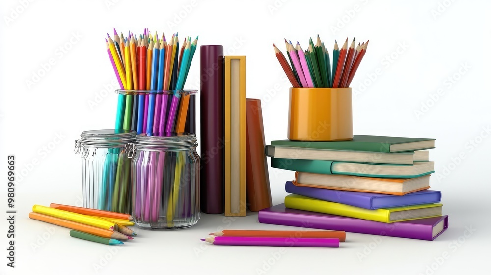 Stacked books, pencil jars, colored pencils in 3D isolated on white background Stacked books, pencil jars, colored pencils in 3D isolated on white background