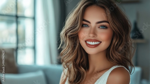 A glamorous woman with perfectly styled hair and bold eye makeup  posing confidently with a bright smile in a well-lit  modern setting.