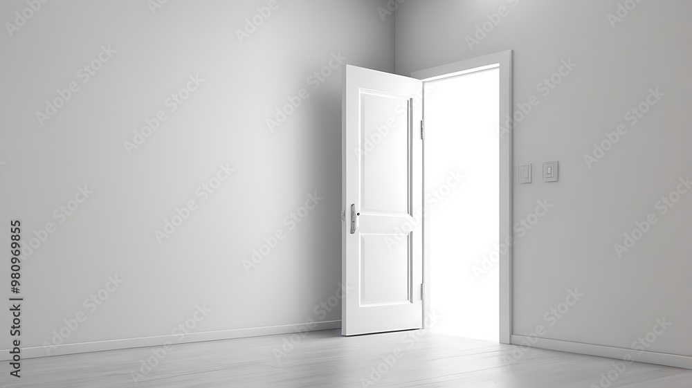 White wall with copy space and an partially open white door White wall with copy space and an partially open white door