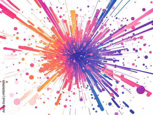 Flat Macro Illustration of Futuristic Fireworks: Close-Up of Colorful Explosions in Night Sky with Intricate Details and Vibrant Colors - Dynamic Celebration Vector Art