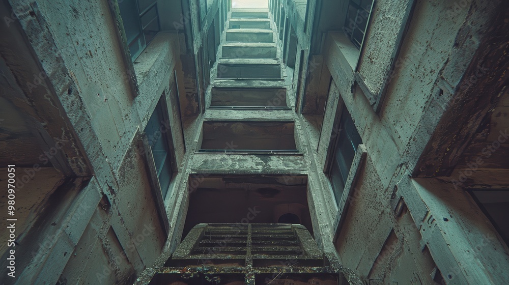 Fototapeta premium A breathtaking upward view captures the architectural grandeur of an aged, multi-storied building with weathered walls and an open sky at the top