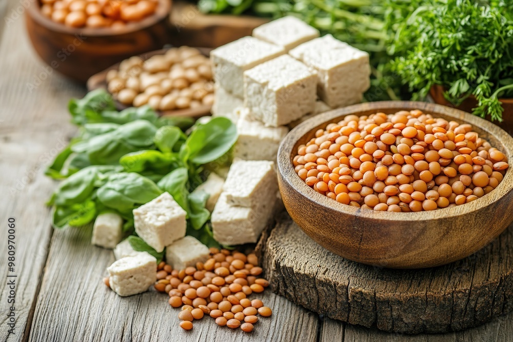 Fresh tofu and lentils on rustic wooden table Fresh tofu and lentils on rustic wooden table