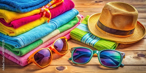 Vibrant summer holiday essentials overflowing from an open luggage case, colorful beach towels, sunglasses, and trendy outfits, ready for a fun-filled adventure. photo