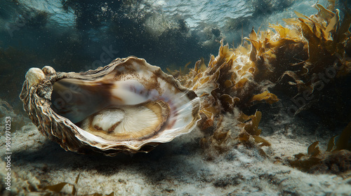 A detailed view of an oyster embedded in the seabed, with its shell slightly open to reveal the pearlescent interior, surrounded by marine detritus and algae   photo