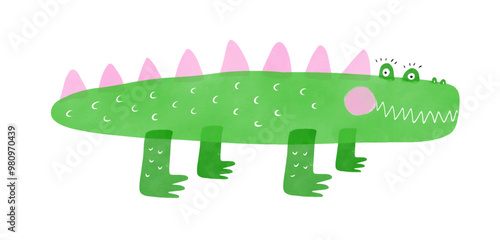 Cute Green-Pink Alligator. Happy Green Crocodile on a White Background. Nursery Art with Friendly Alligator Ideal for Kids' Room Decoration. Lovely Dinosaur. Girly Nursery Vector Print. 