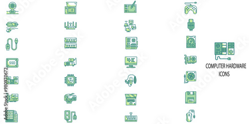Computer hadware simple concept 28 colour icons set. Contains such web cam,pc,monitor,mouse,keyboard etc .Vector illustration.