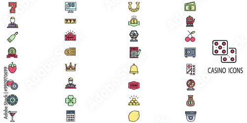 Casino simple concept 32 colour icons set. Contains such bingo, croupier, dices, poker cards, door, playing cards, casino roulette, gift, poker table, chip, dice .Vector illustration.