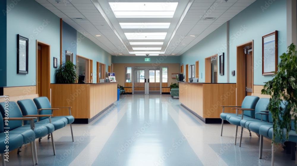 A quiet, empty hospital corridor with a clean, modern design, featuring a waiting area with blue chairs and natural light.