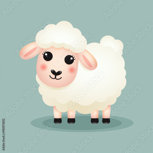 Cute white sheep on a green background. Vector illustration.