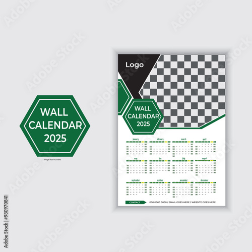 Modern Wall Calendar Template 2025: Minimalist and clean design with a green and black color scheme. This professional calendar template is perfect for businesses and individuals to organize their yea