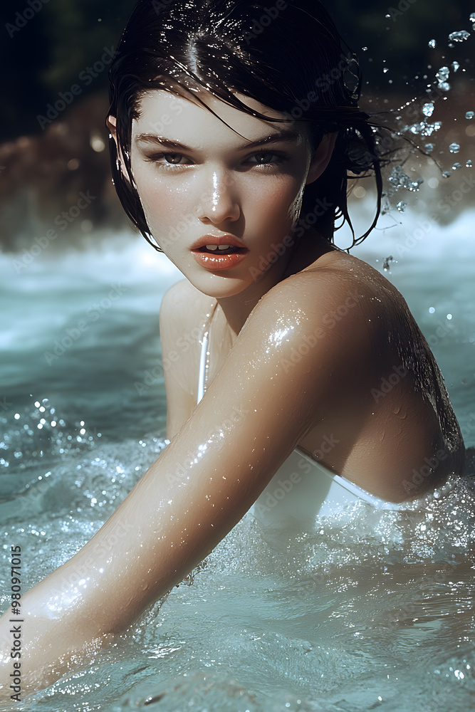 Obraz premium portrait beautiful girl swimming at scenic waterfall wallpaper