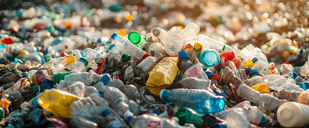 Close-up of plastic bottles, cups, and other recyclables cluttering a landfill, highlighting the recycling concept and the need for sustainable waste management solutions Close-up of plastic bottles, cups, and other recyclables cluttering a landfill, highlighting the recycling concept and the need for sustainable waste management solutions