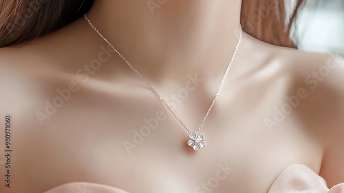3D small flower crystal chain silver necklace for women and girls, minimalist style white gold chain with a diamond pendant on the neck of an Asian woman wearing a dress 