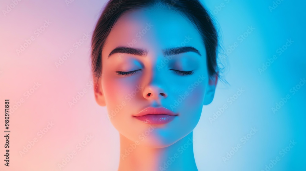 Fototapeta premium A serene woman with closed eyes, illuminated by soft blue and pink lights, embodying tranquility and beauty in a modern aesthetic.