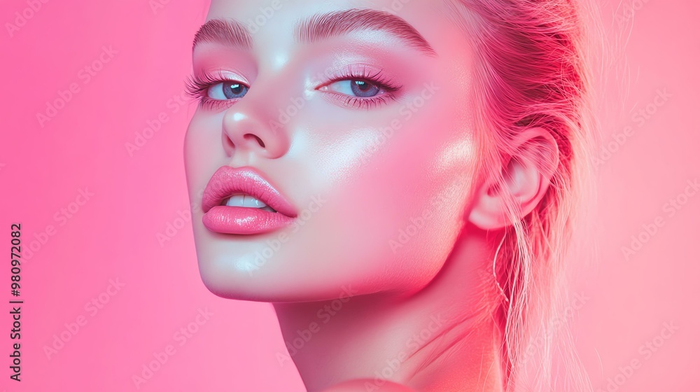 A stunning portrait of a model with radiant skin and vibrant makeup against a pink backdrop, capturing beauty and elegance. A stunning portrait of a model with radiant skin and vibrant makeup against a pink backdrop, capturing beauty and elegance.