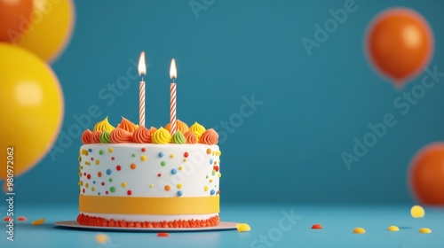 A vibrant birthday cake topped with colorful frosting and candles, surrounded by festive balloons, perfect for celebrations.