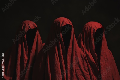 Shadowy figure in a hooded cloak, hiding his face. Satanic interpretation. Concept of conspiracy. Isolated on black background.