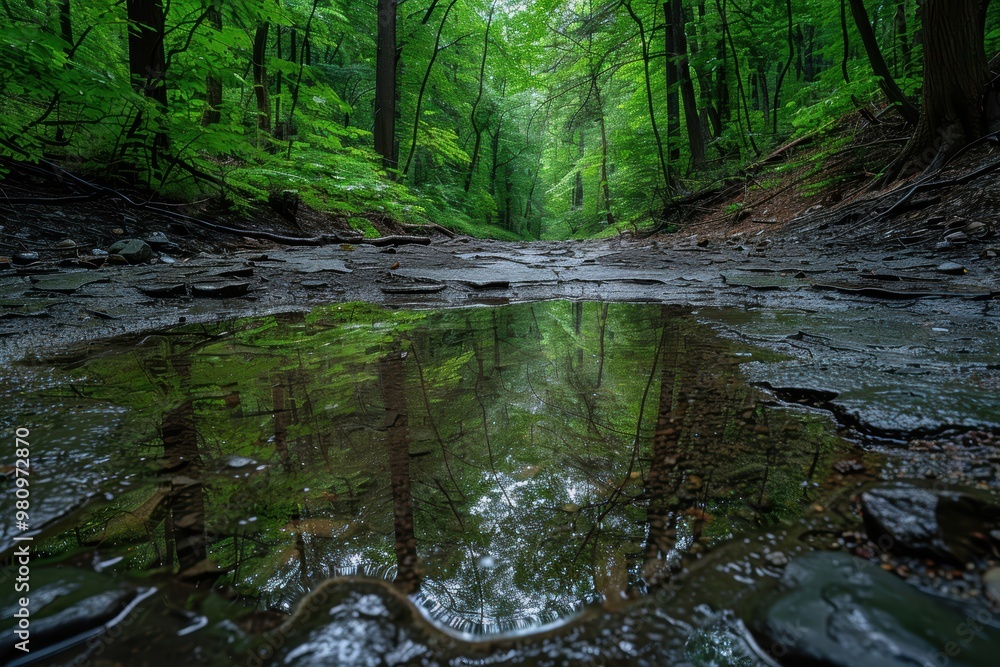 An enchanting forest scene with a peaceful puddle reflecting the surrounding lush green trees, captured in the heart of an enchanting woodland on a serene day after rainfall An enchanting forest scene with a peaceful puddle reflecting the surrounding lush green trees, captured in the heart of an enchanting woodland on a serene day after rainfall