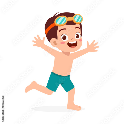 little kid wear swim goggles while jumping