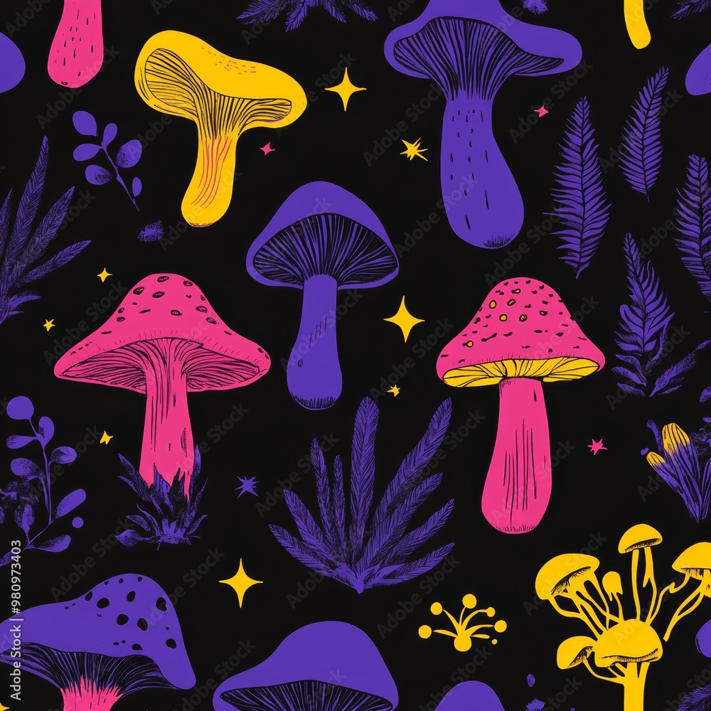 Seamless pattern of occult symbols and magic mushrooms Seamless pattern of occult symbols and magic mushrooms