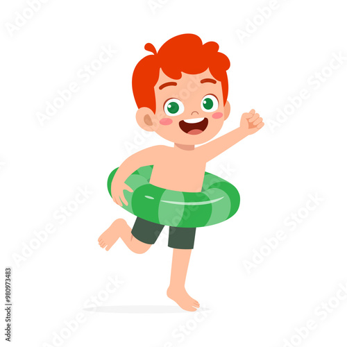 little kid running and wear swim ring