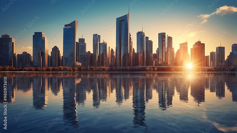 Fototapeta premium Buildings and reflections in a futuristic financial district, surrounded by smart city skyscrapers
