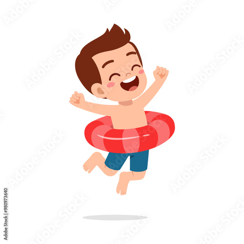 little kid jumping and wear swim ring