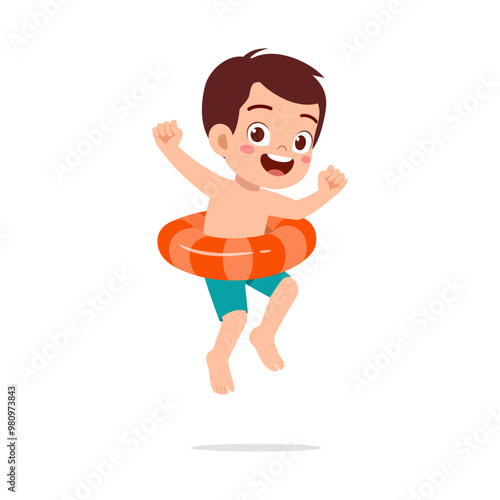 little kid jumping and wear swim ring