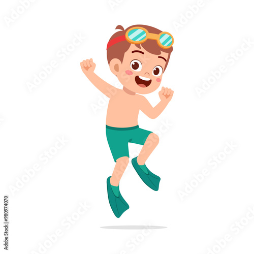 little kid wear swim goggles and fin while jumping